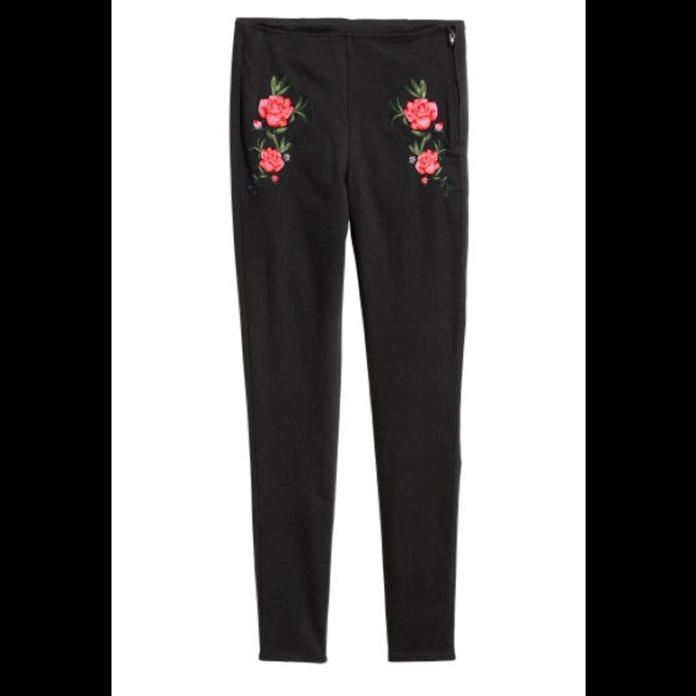 H&M black embroidered stretch pants.